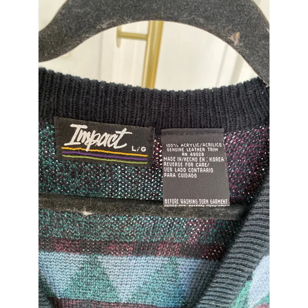Vintage Impact Geometric Knit Sweater Vest L Leather Trim Korea 90s Heritage